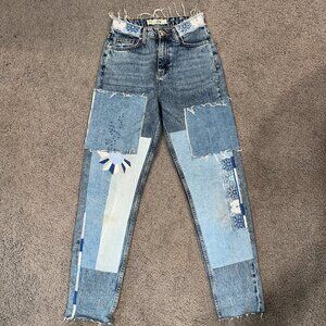 Rare TOPSHOP MOTO MOM Patchwork Embroidered 60's High Rise Barrel Jeans Size 24